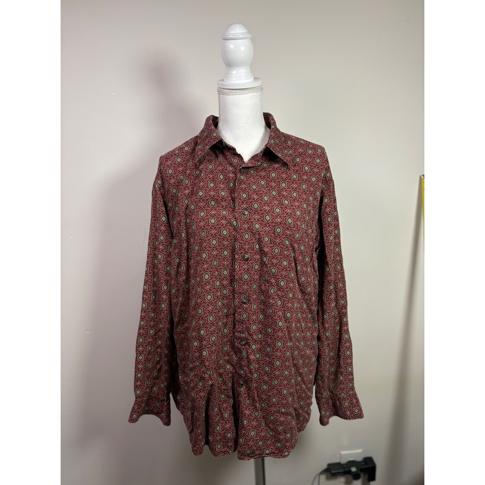 Claiborne Mens Large Rayon Button Up Shirt Vintage 90s Geometric Medallion Red